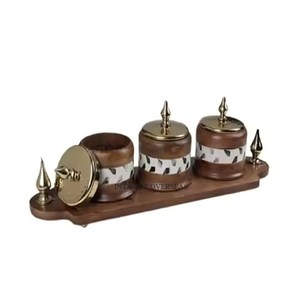 Cuencos Redondos de Alta Calidad en Metal con Acabado Dorado Martillado para Servir Alimentos, con Tapa y Bandeja de Madera - Product Image 6