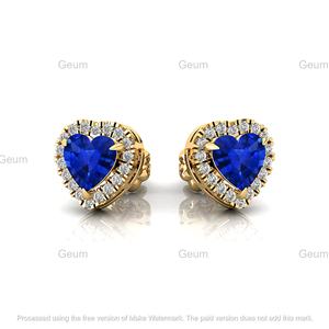 Bijoux en or pur 18 carats en forme de cœur Boucles d'oreilles Halo en pierres précieuses saphir bleu Conception unique Pierres précieuses et diamants véritables Bijoux fins - Product Image 4