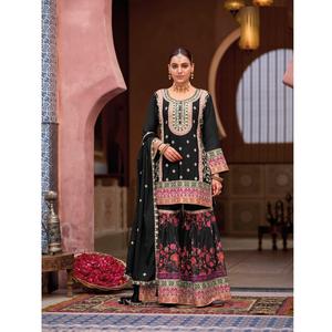 Traje Sharara de Seda Chinon con Bordado y Diseño Exclusivo, Suministro Directo de Fábrica a Precio Accesible - Product Image 1