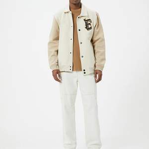 OEM Manufacturer's Custom Logo Men Varsity Jacket High-Demand High-Street Stand Collar Front Logo Placement Plain Dyed Canvas - Product Image 4