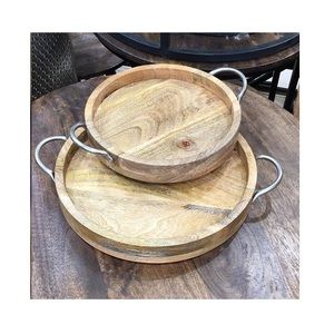 Juego de dos bandejas de madera de diferentes tamaños con mango de acero Bandeja de desayuno de restaurante de forma redonda - Product Image 1