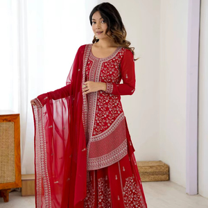 Conjunto Premium Tradicional de Salwar Kameez y Dupatta de Georgette Sintética para Fiesta, con Protección Solar, Cordón, Bordado Dori y Lentejuelas para Mujer - Product Image 1