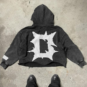 Sweat à capuche unisexe noir OEM Streetwear 500 g/m² en molleton bouclette, patchwork, coupe ample, effet vintage délavé, surdimensionné, brodé - Product Image 2