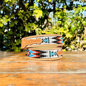 Ceinture Western Classique de Luxe Unisexe en Cuir Véritable Pleine Fleur Importé d'Argentine avec Motif Couronne Brodé Perlé et Boucle en Laiton - Product Image 3