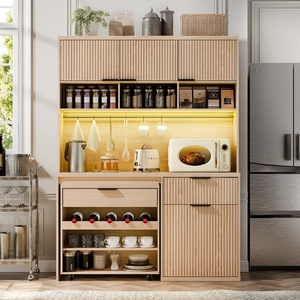 ตู้เก็บของบาร์กาแฟไม้ลายร่องทันสมัยพร้อมไฟ LED ตู้ไซด์บอร์ดบุฟเฟ่ต์เคลื่อนที่ได้พร้อมชั้นวางไวน์ - Product Image 4