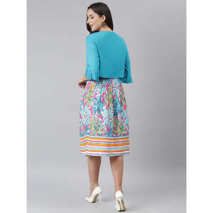 Turquoise Blue Tropical Printed Smocked Fit Flare <b>Dress</b> With Shrug - Product Image 4