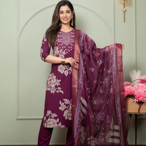 Heavy Designer Rayon Printed and Zari Sequence Work Straight <b>Kurti</b> With Pant and Dupatta Set Ready to Wear - Product Image 1