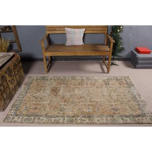 3.4x6.3 ft Vintage Rug, <b>Brown</b> Check Turkish Rug <b>Wool</b> - Product Image 3