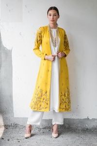YELLOW LONG JACKET DRESS ON <b>SILK</b> <b>FABRIC</b> WITH EMBELLISH OF BEAUTIFUL CRYSTAL BEADS,PEARLS,GLASS STONE WORK FOR PARTY-WEAR@2022 - Product Image 2