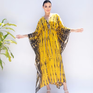 Caftan bohème jaune tie-dye femme pleine longueur imprimé fleuri coupe ample robe de plage décontractée fente latérale tissage tissé écologique - Product Image 1