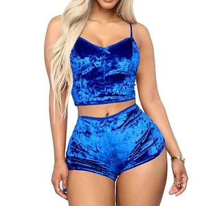 Conjunto de 2 piezas de verano color morado personalizado OEM al por mayor, ropa de calle Sexy, Top corto de terciopelo, conjunto de sujetador y bragas transpirables - Product Image 4