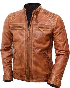 Chaqueta de piel auténtica de motorista personalizada para hombre, tejido satinado, cuello levantado, transpirable, estilo clásico para motocicleta, marrón de invierno, talla 4XL - Product Image 1