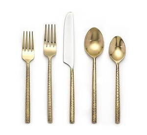 Ensemble de couverts en acier inoxydable de haute qualité, poli, martelé, avec manche rond, doré, pour les événements - Product Image 1