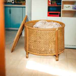 ออตโตมันแบบฝังกระดูกออตโตมันสำหรับตกแต่งของเล่นเด็กทำจากไม้ไผ่และหวายทรงกลมมีฝาปิด - Product Image 4