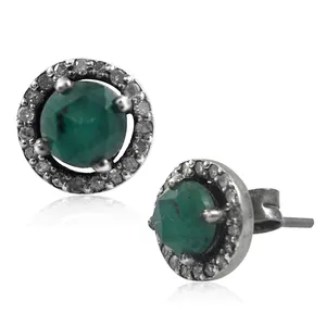 Natural Emerald Gemstone Earrings Oxiized 925 Sterling Silver Pave Diamond Stud Earrings Handmade Round Stud Top Quality