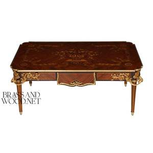 Table basse rectangulaire de luxe avec marqueterie florale artisanale et accents en laiton doré orné pour salons classiques - Product Image 1