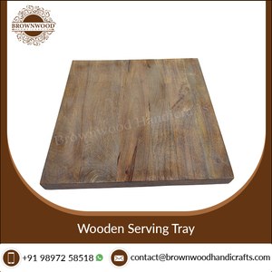 Bandeja grande de forma cuadrada de madera de mango de calidad superior, bandeja de madera tallada de diseño personalizado con asas de metal para restaurantes y hoteles - Product Image 4