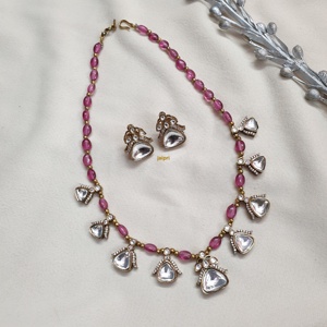 Delicate <b>Pink</b> Stone Kundan Polki <b>Necklace</b> Fashion Jewelry Set - Product Image 4
