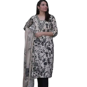 Noir crémeux couleur fantaisie imprimé fleuri coupe droite bordure pur Khatli travail à la main genou longueur fantaisie Kurti ensemble pour le bureau et le quotidien - Product Image 1