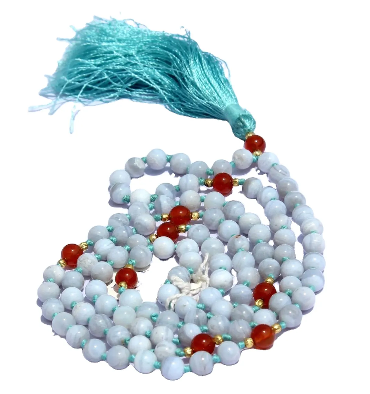 Ágata de encaje azul Unisex y ónix verde 108 Mala Beads borla anudada collar piedra de cristal curativo Natural para mujeres y hombres