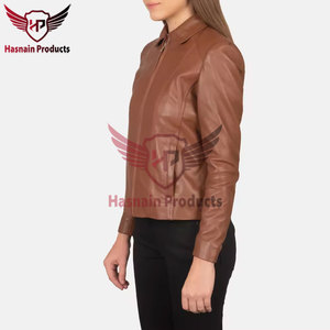 <b>Womens</b> Real Brown Leather <b>Jacket</b> <b>Shirt</b> Collar Sheepskin Coat Central Zipper Front Side Pockets Tailored Fit Custom Warm Outwear - Product Image 3