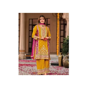 ชุดสูทผ้าชิออนผ้าคอตตอนดีไซเนอร์พร้อมการปักด้วยมือรวมถึงพลาซโซและดูปองตาเหมาะสำหรับงานพิเศษ - Product Image 1