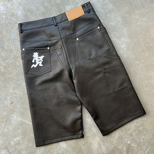 QYOURECLO personalizado pierna ancha pierna recta pantalones de cuero holgados Streetwear bordado Patchwork pantalones cortos de cuero hombres - Product Image 4