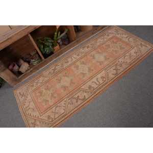 Vintage Turkish Rug 2.6x6.1ft Orange Beige Large Area Woolen Patchwork Rectangle Abstract Pattern Latex for Hallway Room Rug - Product Image 5