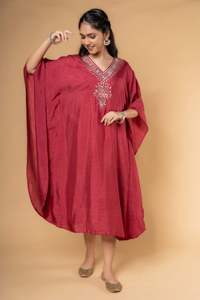 New <b>Women</b> Embroidered <b>Silk</b> Fabric Mirror Work Stylish Short Kaftan <b>Dress</b> - Product Image 2