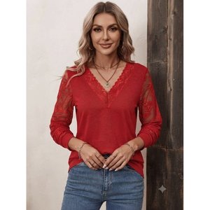 Blusa de viscosa con encaje y cuello en V de manga larga para mujer, 37369 - Rojo - Product Image 2