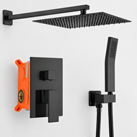 Ensemble de douche carré WYRAX en laiton poli noir et acier inoxydable, avec robinet de luxe et fonction pluie, idéal pour appartements et hôtels