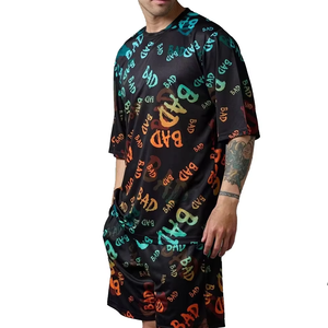 Men's Black Sublimation Printed <b>BAD</b> Letter Pattern Quick Dry Polyester Casual Summer Shorts Set Crew Neck Knitted Fabric - Product Image 2