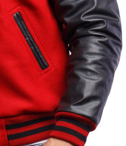 Chaqueta de Béisbol Personalizada de Lana Roja con Mangas de Cuero Negro, Cuello Alto, Parche Bordado de Chenilla, Unisex, Lisa - Product Image 4