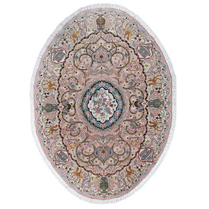 Tapis en laine et soie noués à la main Gulmarg - Pae-4065 - Rose et violet - Médaillon abstrait rectangulaire - Pour la maison, le couloir, la chambre, la chambre des adolescents - Taille de la pièce - Product Image 1
