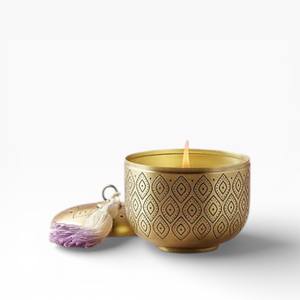 Set Of Three Gold Finish Metal Votives Candle Holders With Hanging Handle And Floral Cutwork Pattern - Product Image 2
