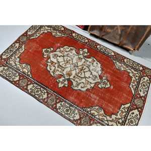 Vintage Turkish Rug 3.5x5.7 ft (107x175 Cm) <b>Red</b> <b>Wool</b> Patchwork Rug with Latex Backing Eco-Friendly - Product Image 3