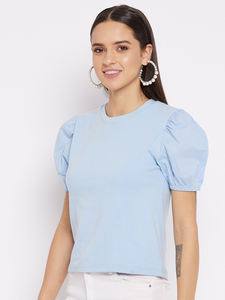 Custom Made Cotton Rib Half Sleeve Top with <b>Neck</b> Camric Puffed Knitted Fabric Front Logo for Boutique Clients Garment Resellers - Product Image 3