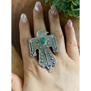 Navajo Kingman Turquoise & Sterling Silver Thunderbird <b>Statement</b> <b>Ring</b> Bezel Setting Everyday Wear Geometric Pattern Size 11.25 - Product Image 2