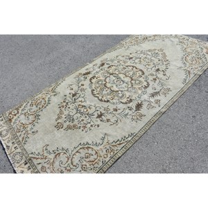 Classic Beige <b>Brown</b> <b>Wool</b> Rug 4.2 X 9 ft Handmade Turkish Rectangle Patchwork Latex Backing for Living Room or Teen's Bedroom - Product Image 2