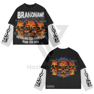 T-shirt à double couche de haute qualité, streetwear, imprimé intégral, manches à effet délavé, motif flamme, Y2K, t-shirt à manches longues à double couche - Product Image 3