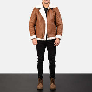 Chaqueta Bomber Reversible de Piel de Oveja Marrón, Talla XS, con Cierre y Cuello Alto - Product Image 3