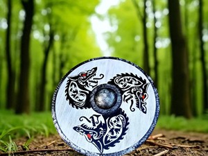 Bouclier en bois Art Déco médiéval avec impression de dragon, bouclier Viking Valhalla usé par le combat, pour la décoration murale, artisanat en bois - Product Image 5