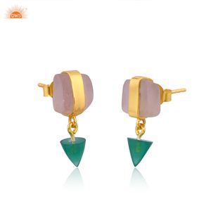 Fournisseur de bijoux, boucles d'oreilles en argent sterling 925 avec pierres précieuses naturelles en quartz rose et onyx vert - Product Image 5