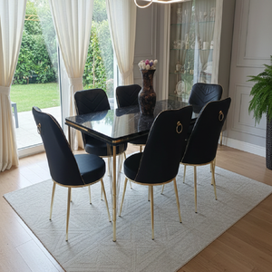 Ensemble de table à manger extensible moderne 6 chaises Plateau en verre trempé Pieds en métal Construction en aggloméré Portable Imperméable - Product Image 2