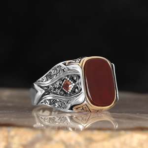 Azuris - Bague pour homme de style ottoman de haute qualité en argent sterling 925, bijoux de mode, pierre naturelle agate de Yamen, fabrication turque - Product Image 1