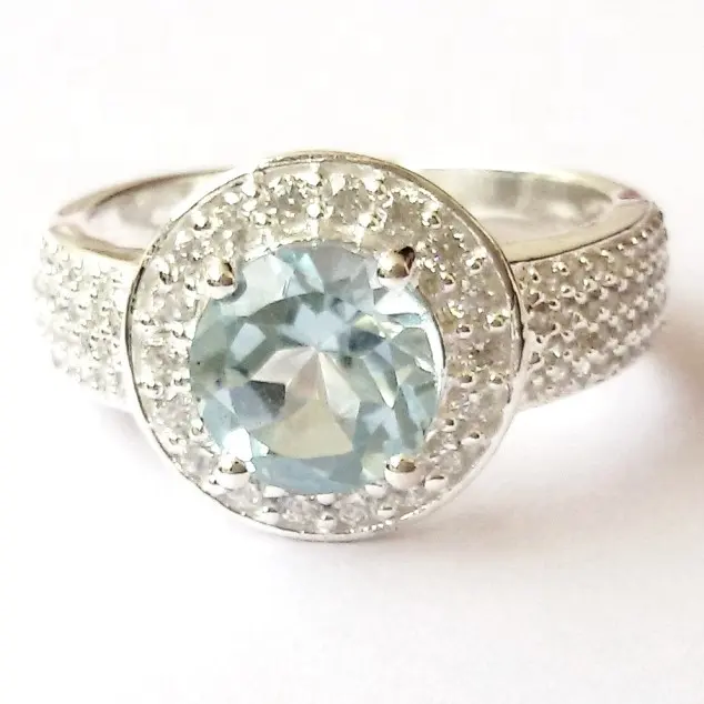 Небесно-голубой топаз и маленький белый cz драгоценный камень 925 стерлингового серебра кольцо драгоценный камень 925 серебряные кольца
