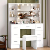 Table de maquillage OEM avec miroir LED éclairé, 7 tiroirs, multiples compartiments et tabouret inclus
