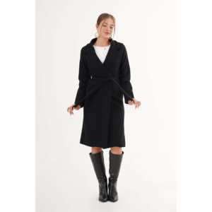 Abrigo de Cachemira Negro con Cinturón al por Mayor, Forrado con Tela Tejida - Product Image 3