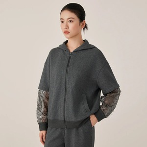 Sweat à capuche zippé avec manches à paillettes transparentes Mélange de coton Streetwear confortable à la mode - Product Image 4