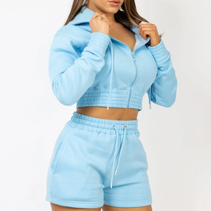 Vente en gros de sweats à capuche pour femmes en coton ensemble court deux pièces mode décontractée vêtements à capuche élégant tenue à capuche respirant - Product Image 5